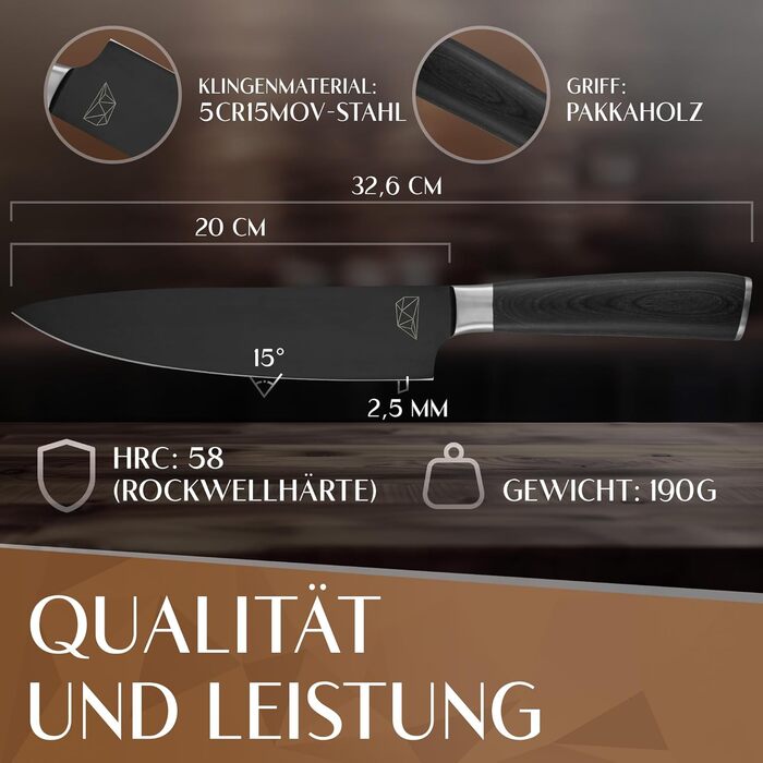 Кухонний ніж Glavory з чорним лезом та дерев'яною ручкою, 20 см - професійний кухонний ніж з надзвичайно гострим лезом, в подарунковій упаковці