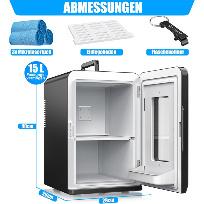 KESSER® Міні холодильник/термобокс 15L: охолодження та підігрів, портативний, 220-240V/12V, для авто, офісу, кемпінгу, чорний