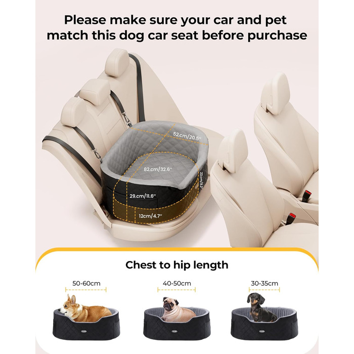 Dog Car Seat Back Bench with Thick Padding for Pet Travel, Waterproof and Washable, Dog Car Seat Back Bench with 2 Safety Leashes. Medium Back Length Less than 70 cm