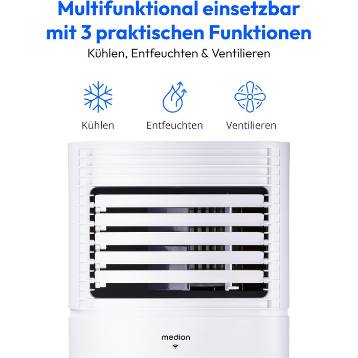 Мобільний кондиціонер MEDION E701 (7000 BTU) з випускним шлангом, для приміщень до 25м², 3-в-1 (охолодження, осушення, вентиляція), з пультом дистанційного керування та режимом сну, MD 37730