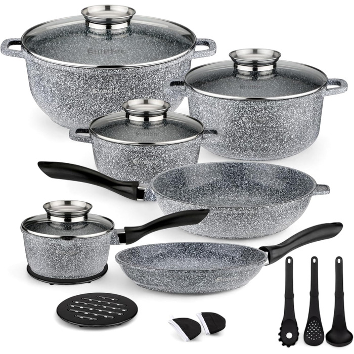 Набір каструль та сковорідок EliteHoff Induktion, 17 предметів, з антипригарним покриттям, для всіх типів плит, нержавіюча сталь, сірий, E-7031