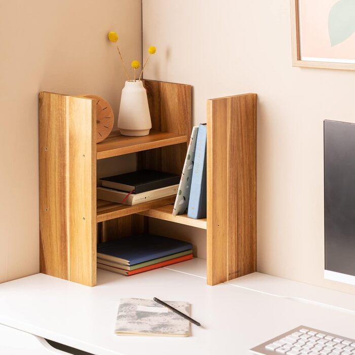 Navaris Acacia Desk Organizer 64x15.5x40 - Table Shelf Organization System Adjustable - Corner Shelf for Kitchen Office Bathroom Shelf Attachment - Natural
