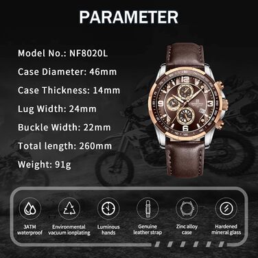 Годинники Naviforce Sport для чоловіків, аналогові, кварцові, з хронографом, на шкіряному ремінці (рожеве золото, кавовий, коричневий)