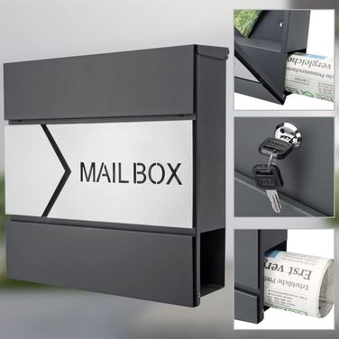 Поштовий ящик Monzana XXL з газетницею та оглядовим вікном, сталевий, антрацит, з замком та 2 ключами, для настінного монтажу
