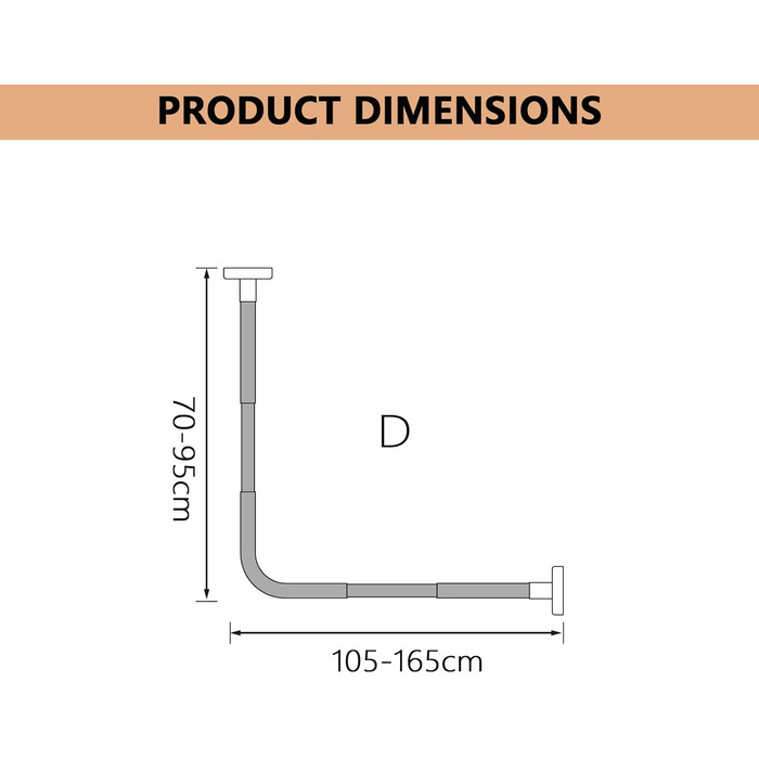 Регульована штанга для душу L-подібної форми без свердління, штанга для душу з нержавіючої сталі 304, розширювана кутова штанга для душу, без кріплення до стелі, (Розмір:Колір) (Д 70-95см x 105-165см, Чорний)