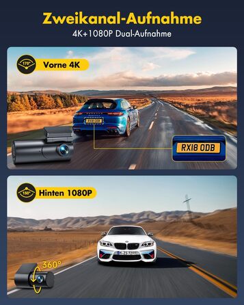 Відеореєстратор GKU Dashcam Auto: 4K+1080P, WiFi 2.4/5GHz, SD 64GB, Паркувальний режим, Нічне бачення, WDR, 170° Кут огляду, G-сенсор, Циклічна запис, Керування через APP, Чорний