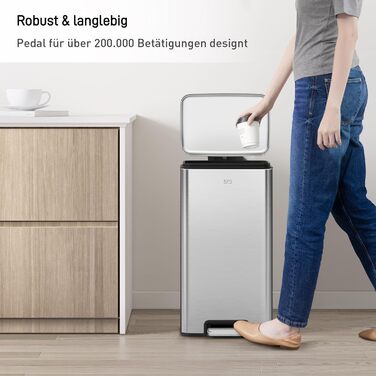 Відро для сміття EKO Madison 30л з м'яким закриттям кришки, нержавіюча сталь, знімний внутрішній відерце, стійке до відбитків пальців, з 20 мішками для сміття 30л