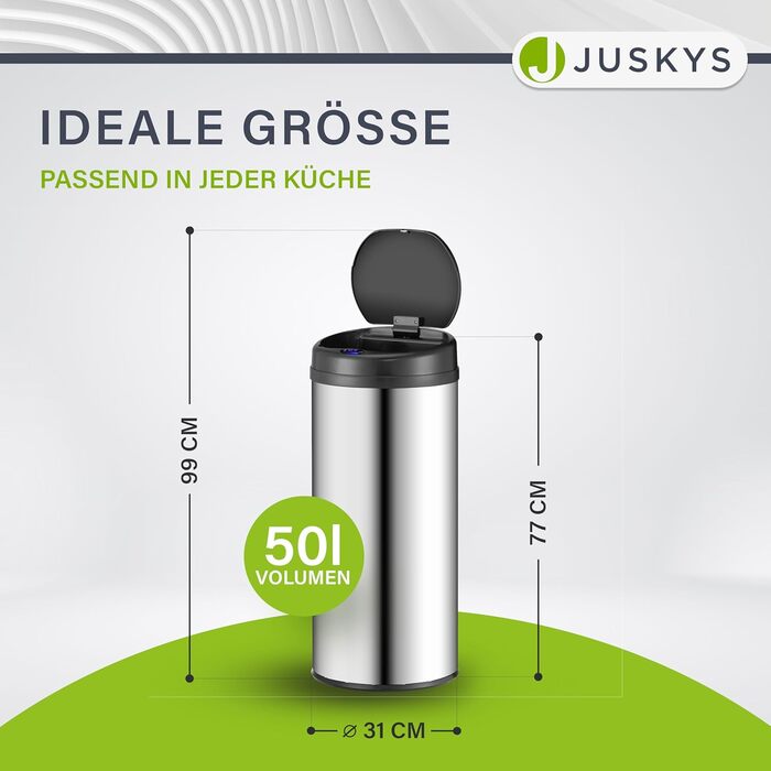 Відро для сміття Juskys з датчиком руху, 30 л, нержавіюча сталь, з кришкою-кліпсою для пакетів, безконтактне відкриття