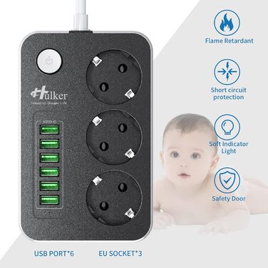 Багатофункціональна мережева розетка HULKER з USB, 6 портів, захист від перенапруги, 1.6 м, універсальна