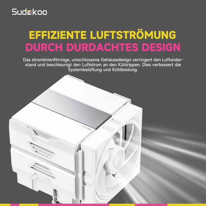 Кулер для процесора Sudokoo SK620 White (AM5): двосекційний повітряний охолоджувач з цифровим дисплеєм, 6 теплотрубками та 2 вентиляторами PWM FDB 120мм, білий
