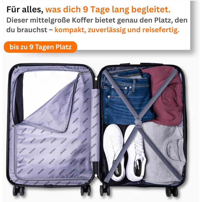 Чемодан NOWI Bergamo: водонепроникний, 8 коліс, 360°, телескопічна ручка, повне внутрішнє оздоблення (L, Чорний Midnight)