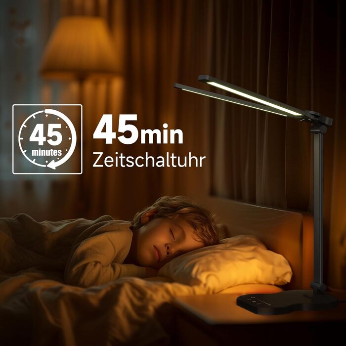 LED лампа настільна з двома руками, 5 кольорів та 10 рівнів яскравості, таймер вимкнення 45 хв, сенсорне керування, для навчання (біла) (чорна)