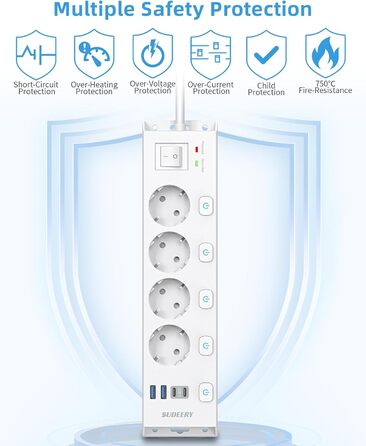 Мережевий фільтр Steckdoseleiste 5-фазний з індивідуальним вимикачем, захистом від перенапруги 1050J, для дому та офісу, кабель 2м (4 фази з USB, білий)