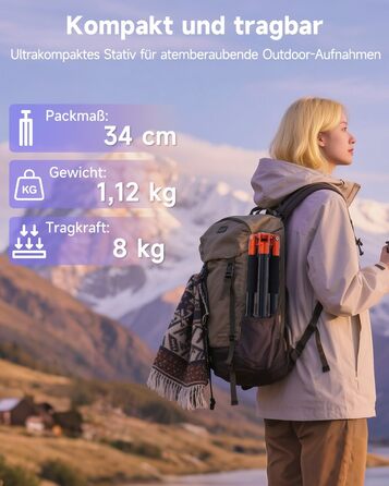 Штатив Rollei Compact Traveler No.1 Orange, 143 см, для камери та смартфона, з кульковою головкою, легкий, алюміній