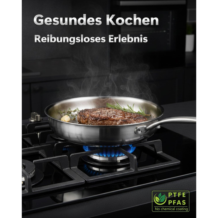 Сковорода з нержавіючої сталі 30 см Titan, з кришкою, для індукційних плит, 18/10, підходить для духовки та посудомийної машини