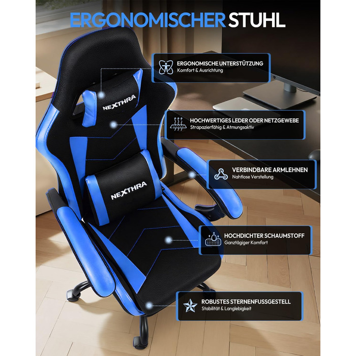 Геймерське крісло Nexthra Ergonomisch з підставкою для ніг, до 180 кг, блакитне. Регульована спинка 150°, для геймінгу та офісу