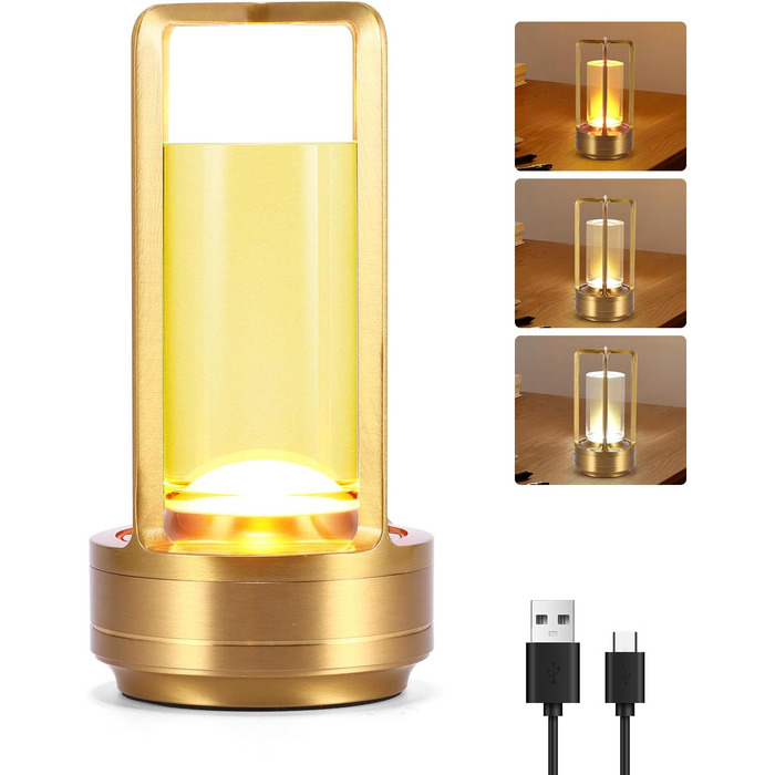 Торшер з торканням, бездротова LED лампа в стилі вінтаж, USB-зарядка, 3 кольори, регулювання яскравості, для спальні, офісу, вітальні, декор, подарунок (золотий)