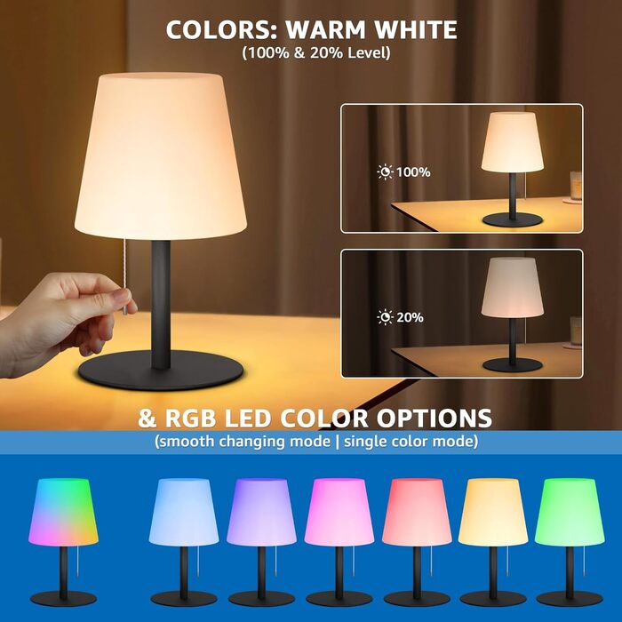 LED-лампа на акумуляторі для вулиці та дому Uuffoo, 7 кольорів, USB-C, для спальні, столу, саду, балкону, кемпінгу (чорна) (2 шт.)