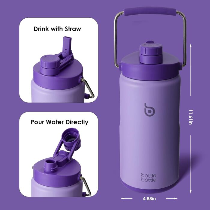 BOTTLE BOTTLE Insulated Stainless Steel Water Bottle 64oz (1.8L) with Straw, Lid, Handle & Pill Compartment – BPA-free, Leak-proof, Ideal Drinking Bottle for Sports, Fitness, Hiking & Outings (Violet)