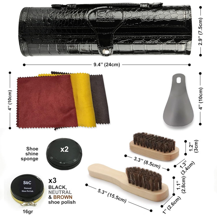 Stone & Clark 12-Piece Leather Shoe Cream & Care Set with Brown Wax, Shoe Brushes for Polishing, Compact Shoe Shine Kit with Horsehair Brushes & PU (Structured Black Kit)