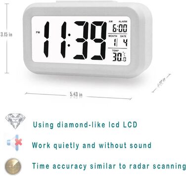 Цифровий будильник з LED-дисплеєм, температурою та великим LCD-дисплеєм, функцією повторного дзвінка, для дому, офісу та подорожей (білий)