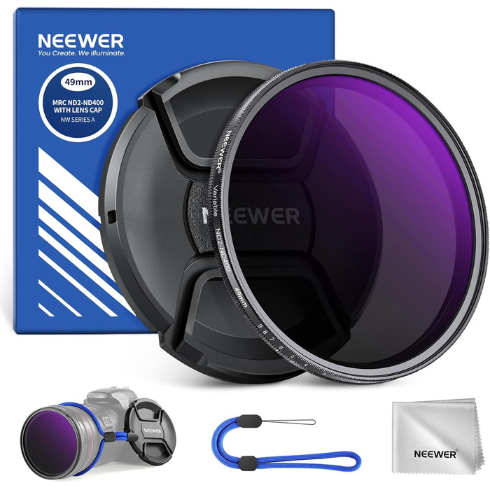 NEEWER 49mm ND2-400 змінний нейтральний фільтр (градуйований) для об'єктивів, з кришкою, стрічкою, серветкою