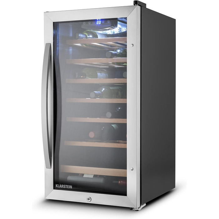 Витримання вина Klarstein Vivo Wine 26 - винний льох на 26 пляшок, 88 л, LED, регулювання температури, мінливий петельний механізм, двері з обох сторін, нержавіюча сталь, сріблястий колір