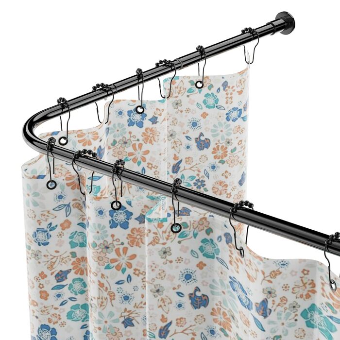 Кутова штанга для душу L-Form, регульована 68–96 см × 68–96 см, нержавіюча сталь, водонепроникна та стійка до іржі, 90 градусів, з 12 кільцями, комплект гвинтів (104-132x104-132 см, Чорний)