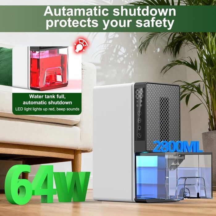 Електричний осушувач повітря 2800 мл з нічним режимом та 7-кольоровим нічним світлом, тихий осушувач для дому, з таймером для ванної кімнати та спальні