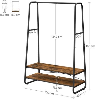 VASAGLE Clothes Rack, Coat Rack, Coat Stand, with 2 Shelves, 6 S-Shaped Hooks, Steel Frame, for Bedroom, Hallway, Entrance Area, Vintage Brown-Black RGR112B01