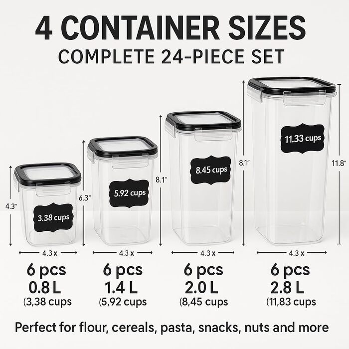 Набір контейнерів для зберігання продуктів з кришкою, 24 шт. BPA-free, великі кухонні контейнери, органайзер для борошна, цукру, круп, з ручкою та етикетками