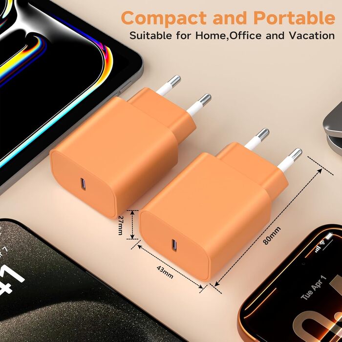 2x USB-C зарядний пристрій 20W + кабель USB-C 2м для iPhone 17/16/15, iPad Pro/Air - Помаранчевий