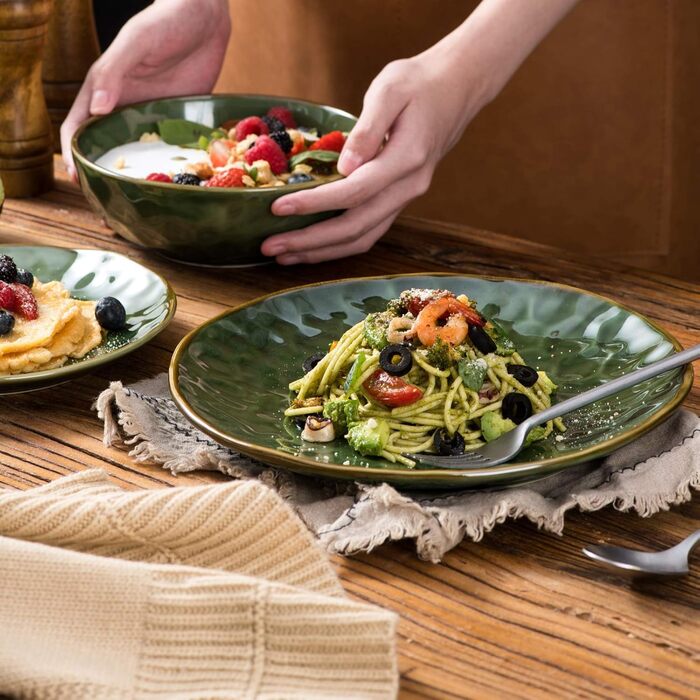 Набір тарілок для мюслі Vicrays (6 шт.) з порцеляни, об'єм 940 мл, набір тарілок та мисок, салатник з кераміки, супові тарілки, підходить для мікрохвильової печі та посудомийної машини (зелений)