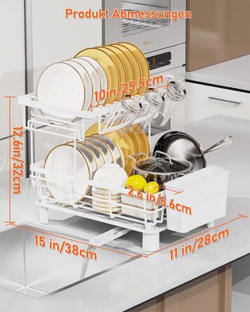 LIONONLY Dish Drying Rack, Small 2-Tier Dish Rack with Drip Tray, Stainless Steel Dish Drying Rack with Utensil Holder, Drink Holder and Swivel Spout, Dish Drying Stand Kitchen