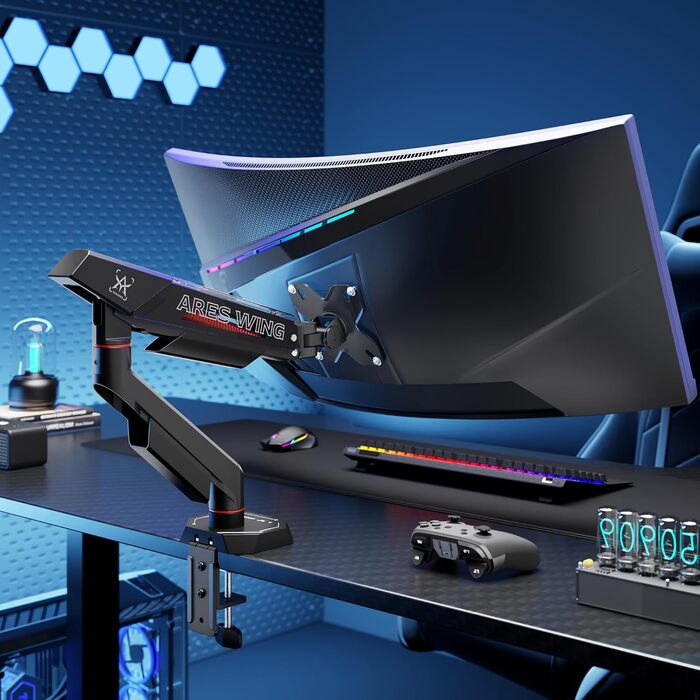 Кронштейн для монітора ARES WING для плоских та вигнутих екранів 17-40 дюймів, регульований тримач з VESA 75/100 мм, навантаження до 12 кг, чорний
