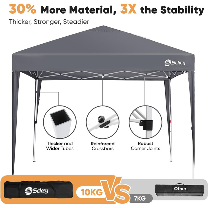 Sekey One-Touch Pop-Up Pavilion 3x3 Waterproof Stable Winter-Proof, Folding Pavilion 3x3m with Thickened Tubes, Party Tent Pavilion Foldable for Camping Festival Party, Grey