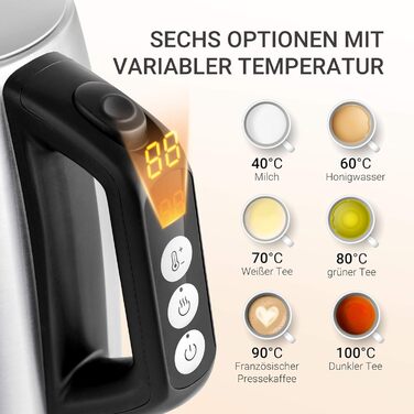 Midea 1.7L Electric Kettle - Stainless Steel, Fast Boil, LED Display, 360° Base, Boil Dry Protection