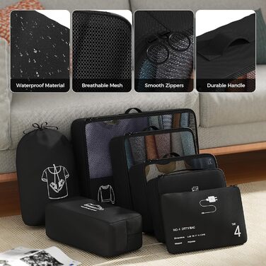 Органайзер для валізи Yomisee, набір 7 шт. - комплект кубиків для пакування, туристичні сумки для одягу, чорний