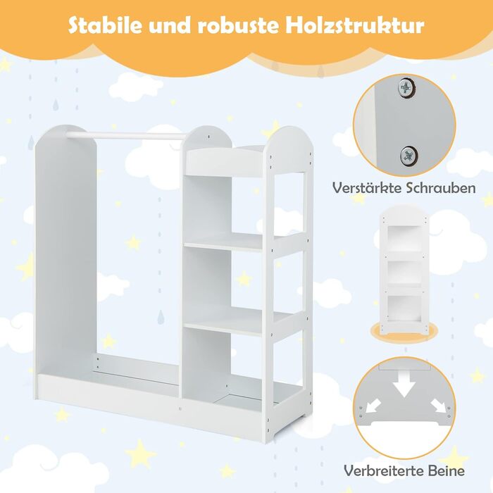 Дитяча шафа Dreamade з дзеркалом та штангою для одягу, 4 відкриті полиці, 93,5x38x100 см (Біла)