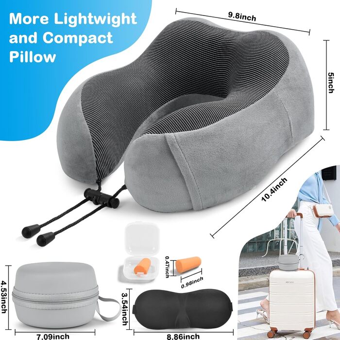 Подушка для шиї у літак: Memory Foam, регульована, компактна, з чохлом для зберігання, навушниками та маскою для сну (сіра)