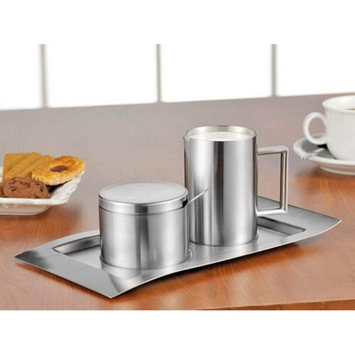 Esmeyer Wave – Milk jug and sugar bowl set Wave, brushed stainless steel, tray dimensions 260 x 140 mm