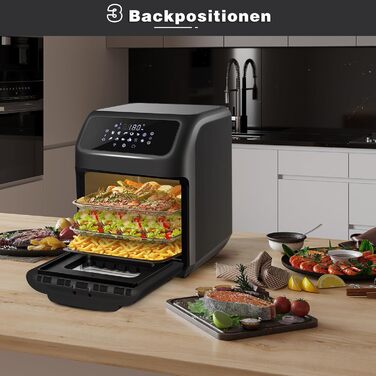 LLIVEKIT Air Fryer Hot Air Oven 12L, 1800W Mini Oven with 6 Accessories & Recipe Book, 12-in-1 Air Fryer with Digital LED Display, Fruit Dehydrator, Barbecue, Oil-Free Air Fryer 12L Black