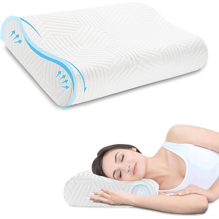 Ергономічна подушка для шиї та голови LAMB з ефектом пам'яті (Memory Foam) для сну на боці, регульована висота, з мийним чохлом, 50x36x10/8 см, біла, 2 шт.