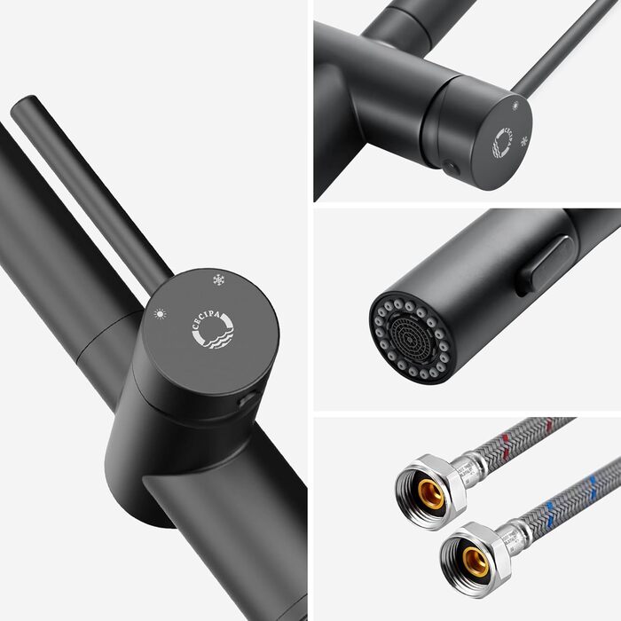 Чорний кухонний змішувач CECIPA SOFETIY SERIE з висувною лійкою, 360° поворот, нержавіюча сталь, 2 режими струменя