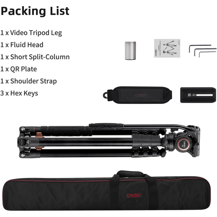 Штатив відео Cayer FP2450 з плинною головкою, 75 дюймів, алюміній, 4 секції, компактний, перетворюється на монопод, для DSLR, до 6 кг