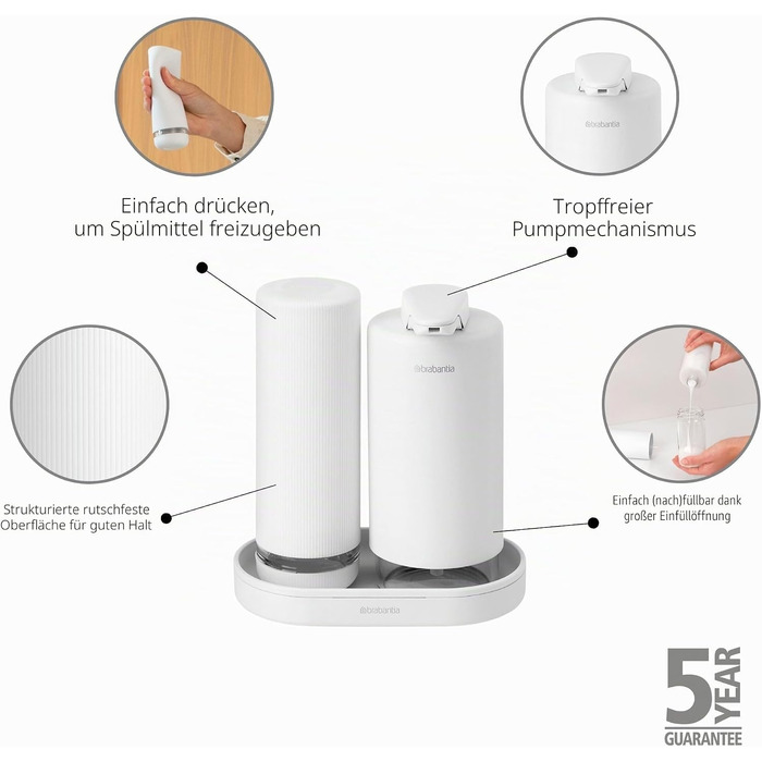 Brabantia Набір дозаторів для мила та засобів для миття посуду, 2 шт., сірий Infinite Grau, 2x200 мл, металевий з текстурованою поверхнею