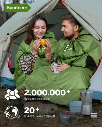 Спальний мішок Sportneer Outdoor для дорослих, теплий багатосезонний (3-4 сезони) для кемпінгу та подорожей, 220x85 см, зелений (температурний режим 10-26 °C)