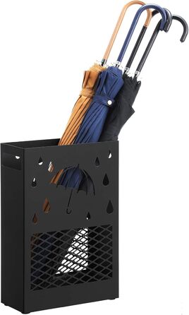 SONGMICS Metal Umbrella Stand with Water Tray, 4 Hooks, Cutout Design - Black for Entryway & Office