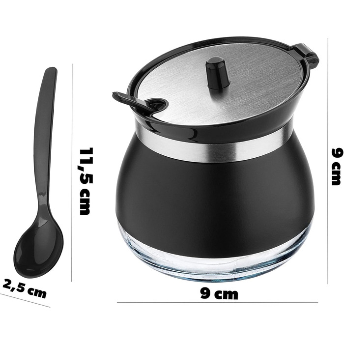 Цукорниця KADAX з ложкою, 270 мл, контейнер для цукру з порошковим покриттям, 9x9 см, цукророзсипник у 2 кольорах, дозатор для спецій з кришкою для чаю, цукру (Чорний)