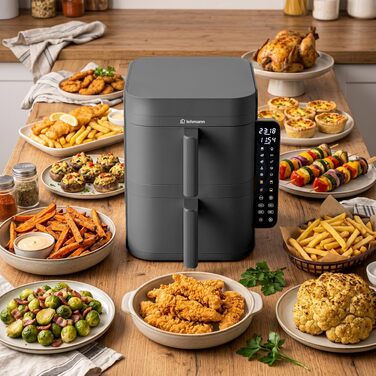 Аерофритюрниця з двома камерами LEHMANN XXL 12L, 2800 Вт, антипригарне покриття, 10 програм, без олії, сіра